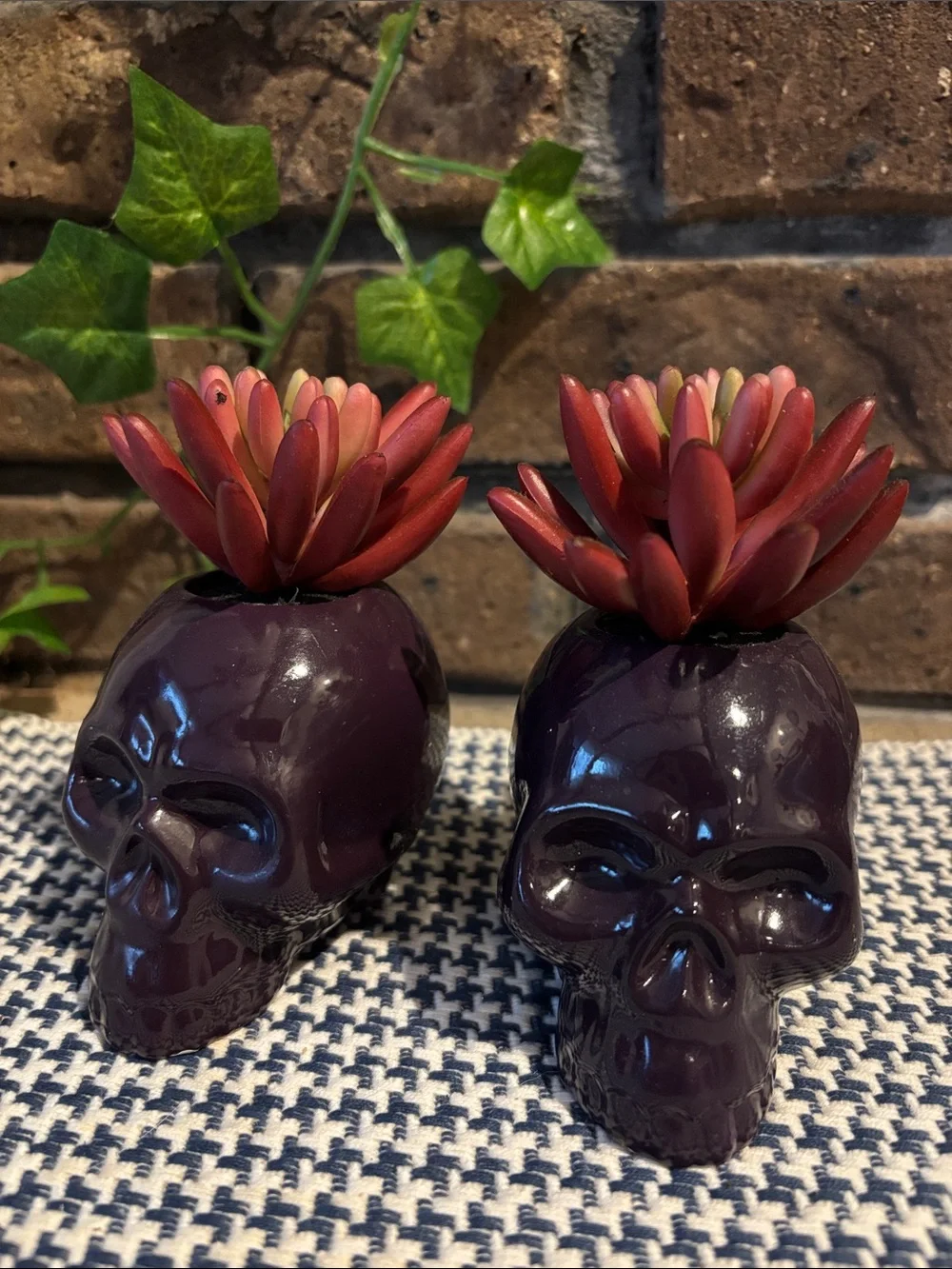 Target Purple Skull Planter Pair with Red Succulents - Home Accents Faux Florals